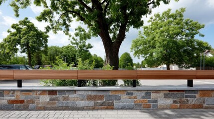 Fototapeta premium Brown wooden slats form a contemporary fence with a stone wall in a vibrant garden under sunny skies, showcasing modern home design