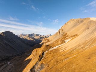 Aerial view of the scenery around a mountain pass in Grisons, Switzerland