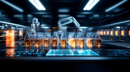 A futuristic beverage bottling plant featuring automated arms, glass bottles, polished steel surfaces, and advanced digital quality control systems.