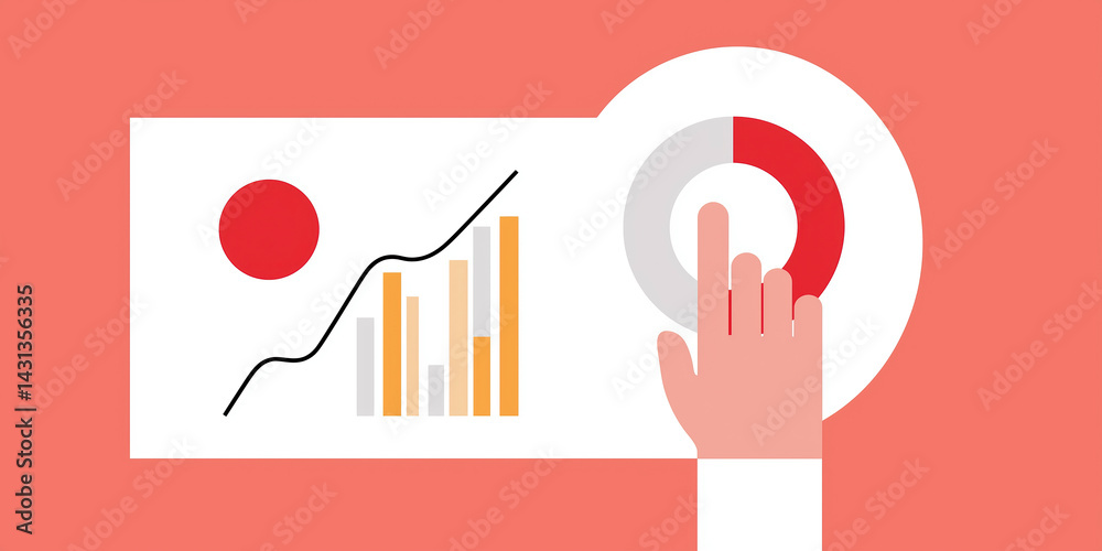 Poster hand pressing a circular button on a digital interface with colorful graphs and charts on a vibrant 
