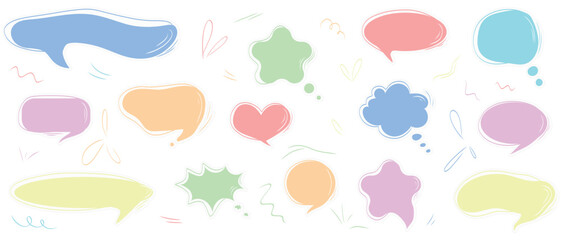 Colorful speech bubbles sticker designs set in shape of heart, star. Abstract speech bubbles. Pastel color message box designs. Hand drawn vector illustration in flat style. Dialogue element.