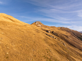 Aerial view of the scenery around a mountain pass in Grisons, Switzerland