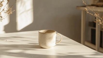 White cup in the morning and bright light.