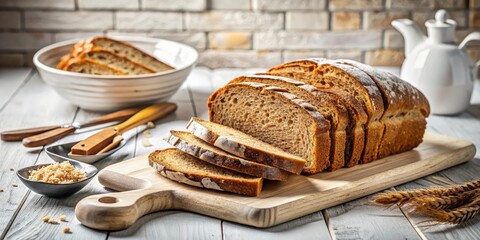 The golden crust of sliced rye bread glistens on a clean white cutting board, illuminated from above to accentuate its crunchy texture and enticing aroma , kitchen utensils, bread