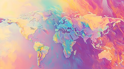 Naklejka premium A vibrant digital artwork featuring a world map with rainbow colors.