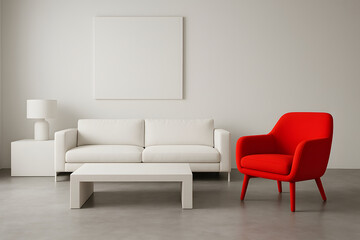 Minimalist Living Space with Red Lounge Chair and White Sofa. Simple Modern Interior with Neutral Base and Bold Accent Color for Contemporary Home Design... Home Decor.
