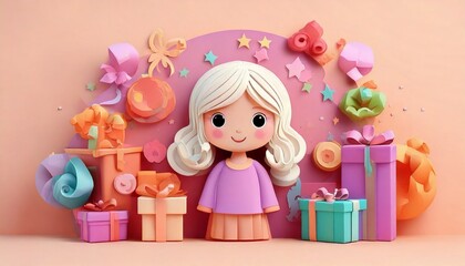 Cute 3D illustration of a girl with presents, perfect for birthday, celebration, or gift themes.