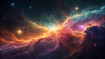 Vivid astrophysical landscape showcasing the energy dynamics within a nebula Cosmic nebula with vibrant colors and distant stars in a starry sky.