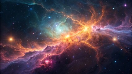 Vivid astrophysical landscape showcasing the energy dynamics within a nebula Celestial nebula with vibrant colors and stars against a dark cosmic background.