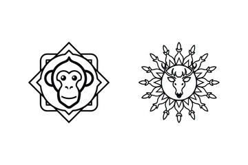 Monkey And Deer Face In Geometric Mandala Art Designs In Vector Format