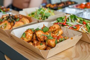 eco friendly cardboard trays with freshly made food for an event