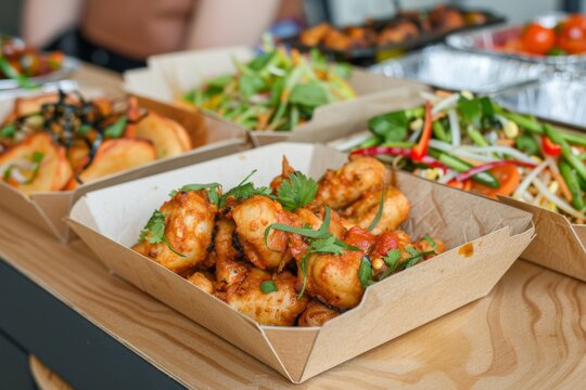eco friendly cardboard trays with freshly made food for an event
