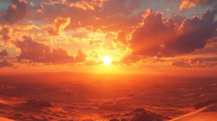 Fototapeta premium Fiery Sunset over Desert Landscape: A breathtaking view of a vibrant sunset casting an orange glow over a vast, sandy desert, creating a dramatic and awe-inspiring scene.