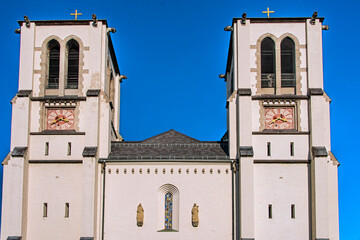 The St. Andrew’s Church was built in 1898 in Neo Gothic style on Mirabel Platz. During the Second World War, it was partially destroyed in a bombing raid. Salzburg, Austria, March 2019
