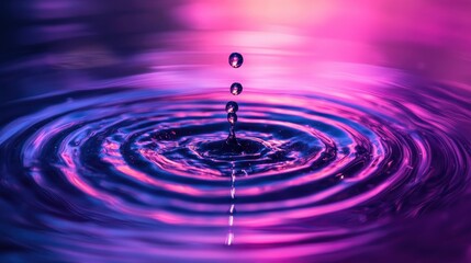 A droplet causes purple ripples on water's smooth, glossy surface. Use for splash effects, nature, beauty, or calming visual designs.