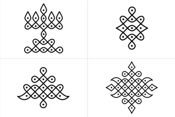 Set of Indian Traditional and Cultural Rangoli or Kolam design concept of line art isolated on white background - vector illustration