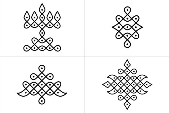 Set of Indian Traditional and Cultural Rangoli or Kolam design concept of line art isolated on white background - vector illustration
