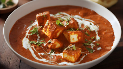 Fresh Paneer Butter Masala with Cubes of Paneer in Creamy Tomato Sauce Garnished with Herbs