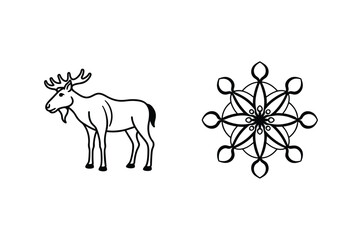 Monochrome Illustration Of A Moose And An Abstract Floral Design Element