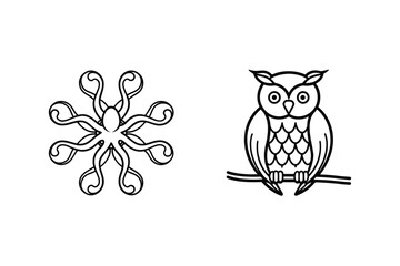 Minimalist Line Art Illustration Of Octopus And Owl On White Background