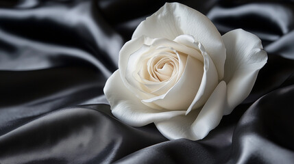 Obraz premium A white rose on a black silk background, captured in a close-up, macro photograph. The style is elegant and delicate, 