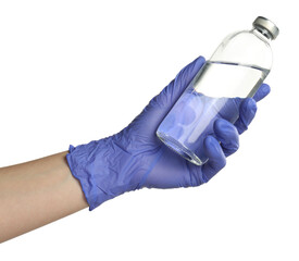 Doctor in medical glove holding bottle of medication on white background, closeup
