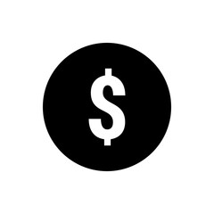 A white dollar sign centered inside a solid black circle on a white background financial representation