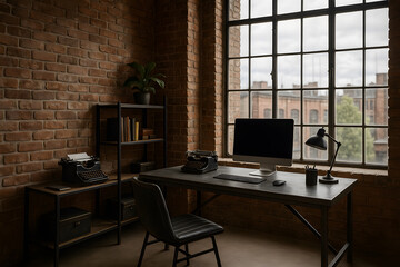 Modern Industrial Workspace with Vintage Flair and Exposed Brick Wall. Home Office with Minimal Desk Setup and Urban Window View... Home Decor.