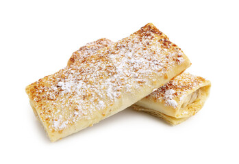 Tasty apple strudels with powdered sugar isolated on white