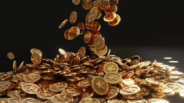 3D render of Chinese yuan coins falling and stacking, representing wealth, finance, savings, or prosperity in China&rsquo;s currency.