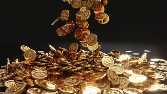 3D render of US dollar coins falling and piling up, symbolizing wealth, money, economy, or financial success in American currency.