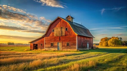 Obraz premium Rustic Barn at Sunset in a Verdant Meadow, Golden Hour Light Illuminates the Weathered Wood