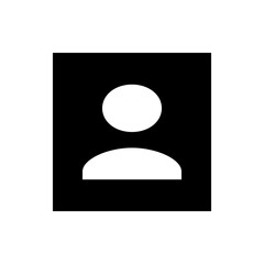 Silhouette of a person icon with a round head and curved shoulders on a black rectangular background image