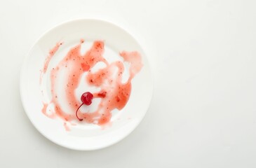 Dirty plate on white background, top view. Space for text