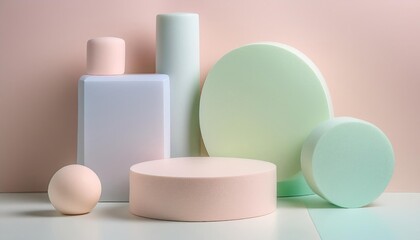 Beautiful pastel-colored geometric shapes create a minimalist product display background. Ideal for showcasing cosmetics, jewelry, or other small items.