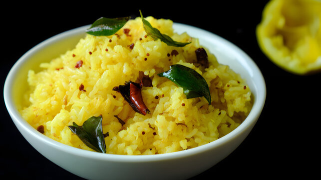 Fluffy Yellow Rice Garnished with Curry Leaves and Spices on a Dark Background