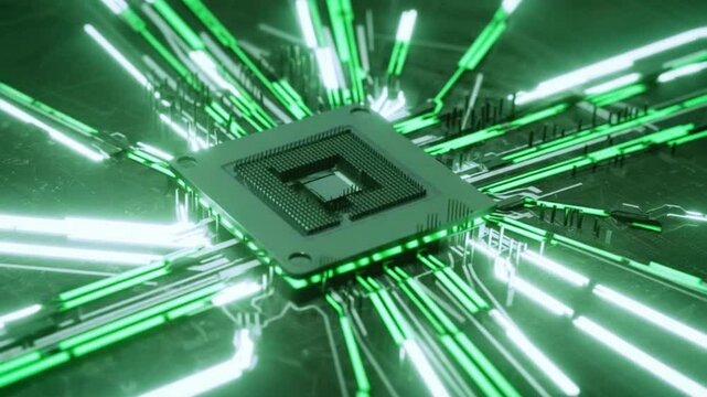 Cinematic close-ups motherboard&rsquo;s main data bus living organism&rsquo;s circulatory system, CPU heart pumping rhythmic blood of bits. PCB synchronized pulsing light traveling ribbon cables, heartbeats