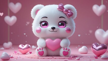 Obraz premium Cute white fluffy cartoon bear, big sparkly eyes, pink heart, pink cheeks, kawaii style, soft fur texture, pastel pink background, 3D render, adorable, Valentine's Day theme, high detail, studio light