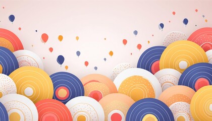 Joyful illustration featuring colorful circles and hot air balloons. Perfect for backgrounds, websites, or presentations.