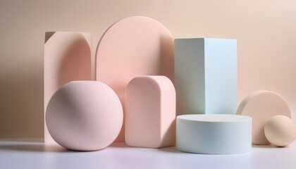 Fototapeta premium Elegant product photography backdrop with soft pink and blue geometric shapes. Ideal for beauty, fashion, and lifestyle brands.