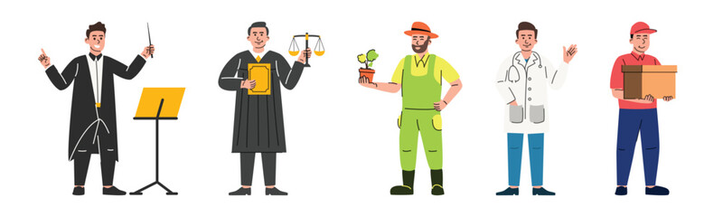 Illustrations of various professions including music conductor, judge, farmer, doctor, and courier in colorful vector art style.