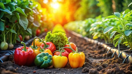 A vibrant harvest of colorful bell peppers nestled amongst thriving vegetable plants in a sun-drenched garden row.