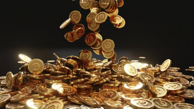 3D render of Euro coins dropping and piling up, representing wealth, European currency, digital economy, or financial success.