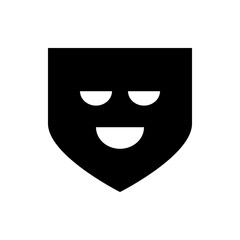 A stylized black shield with a smiling face featuring two semi circular eyes and a curved mouth design