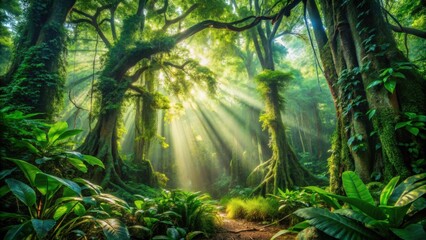 Sunbeams Illuminate Lush Rainforest Canopy, Revealing Ancient Trees and Vibrant Undergrowth