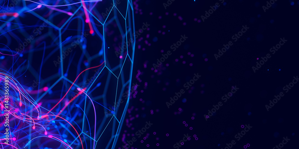 Poster Abstract closeup macro of quantum computing qubit spherical cell. Subatomic patterns of cyber AI intelligence. Futuristic technology concept. With place for text.