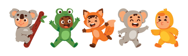 Cheerful kids wearing cartoon animal costumes such as koala, frog, fox, mouse and duck. Children are happily playing in the event.