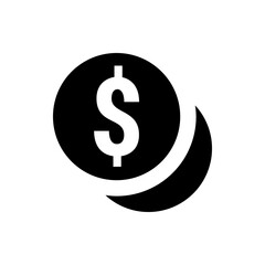 A black and white illustration of two coins with a dollar sign on the larger coin showing finance concept