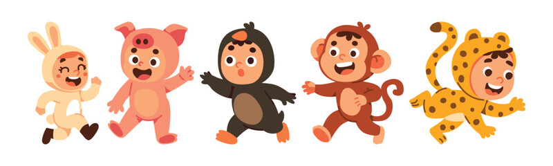 Cheerful children in animal costumes. Cute kids in bunny, pig, penguin, monkey, and jaguar outfits enjoying a fun party.