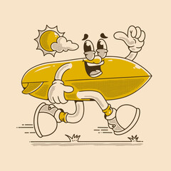 Happy Surfboard Character Running Under The Sunlight